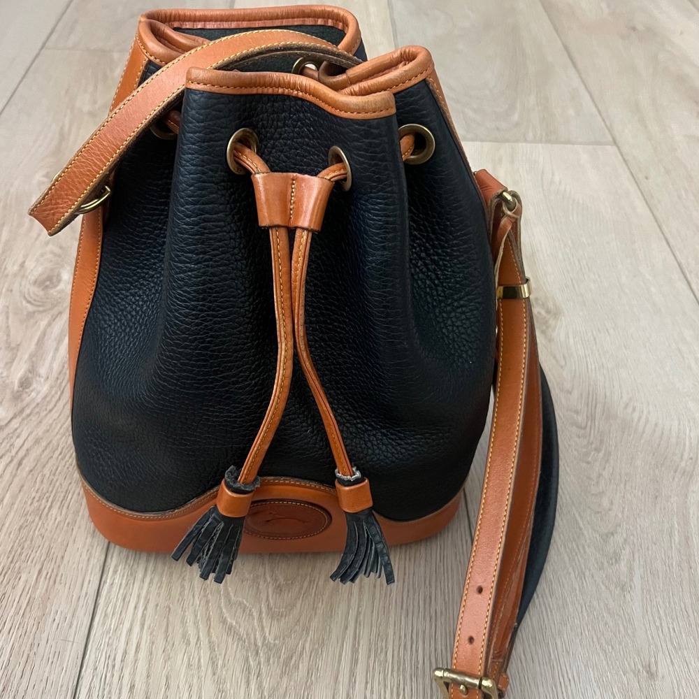 Dooney & Bourke Vintage Drawstring Bucket Bag Black & Tan  Made in USA